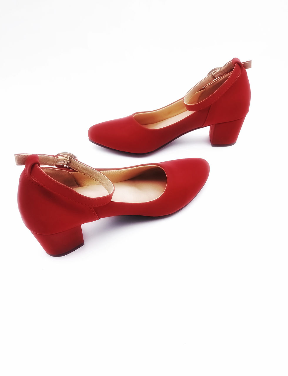 Thumbnail: Red Vegan Leather Block Heels with Ankle Strap