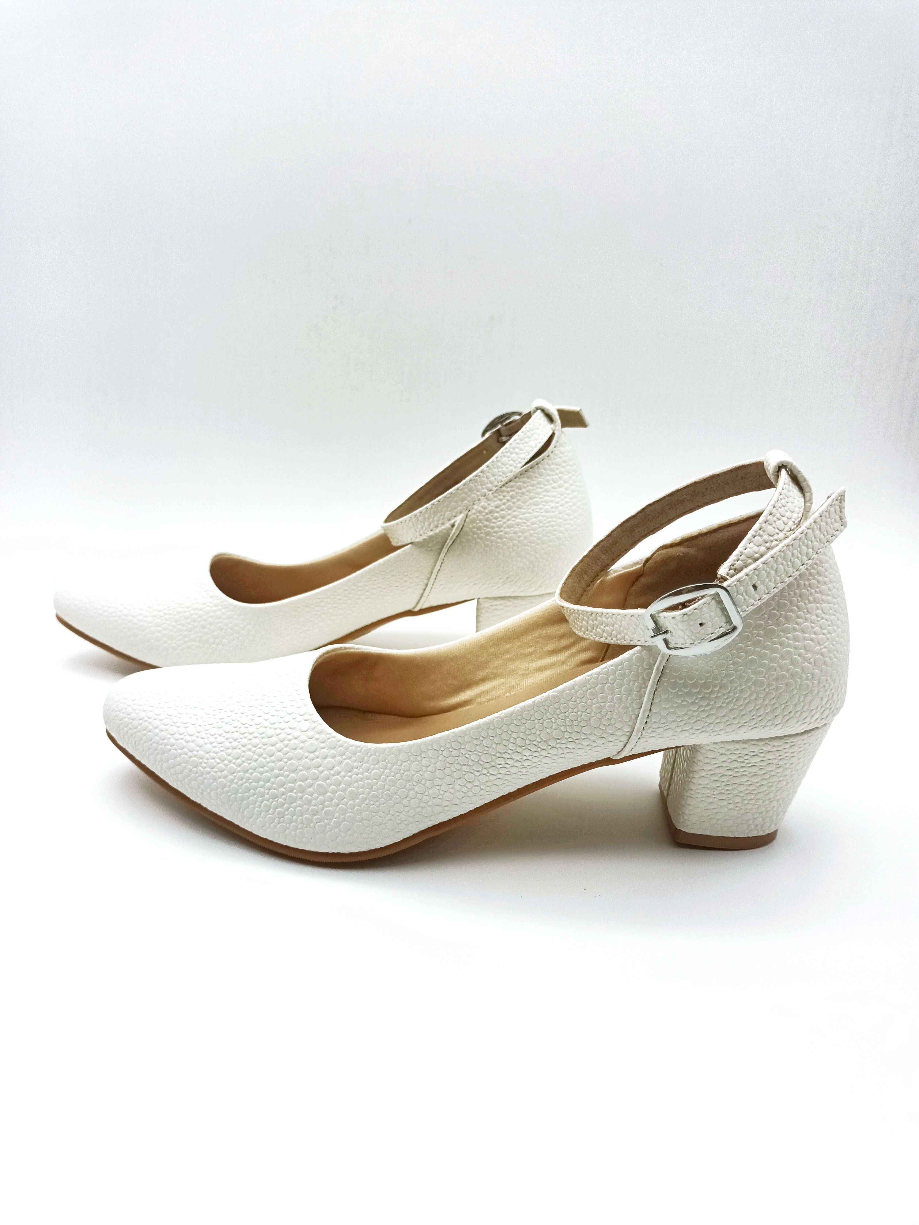 White Textured Vegan Leather Block Heels with Ankle Strap
