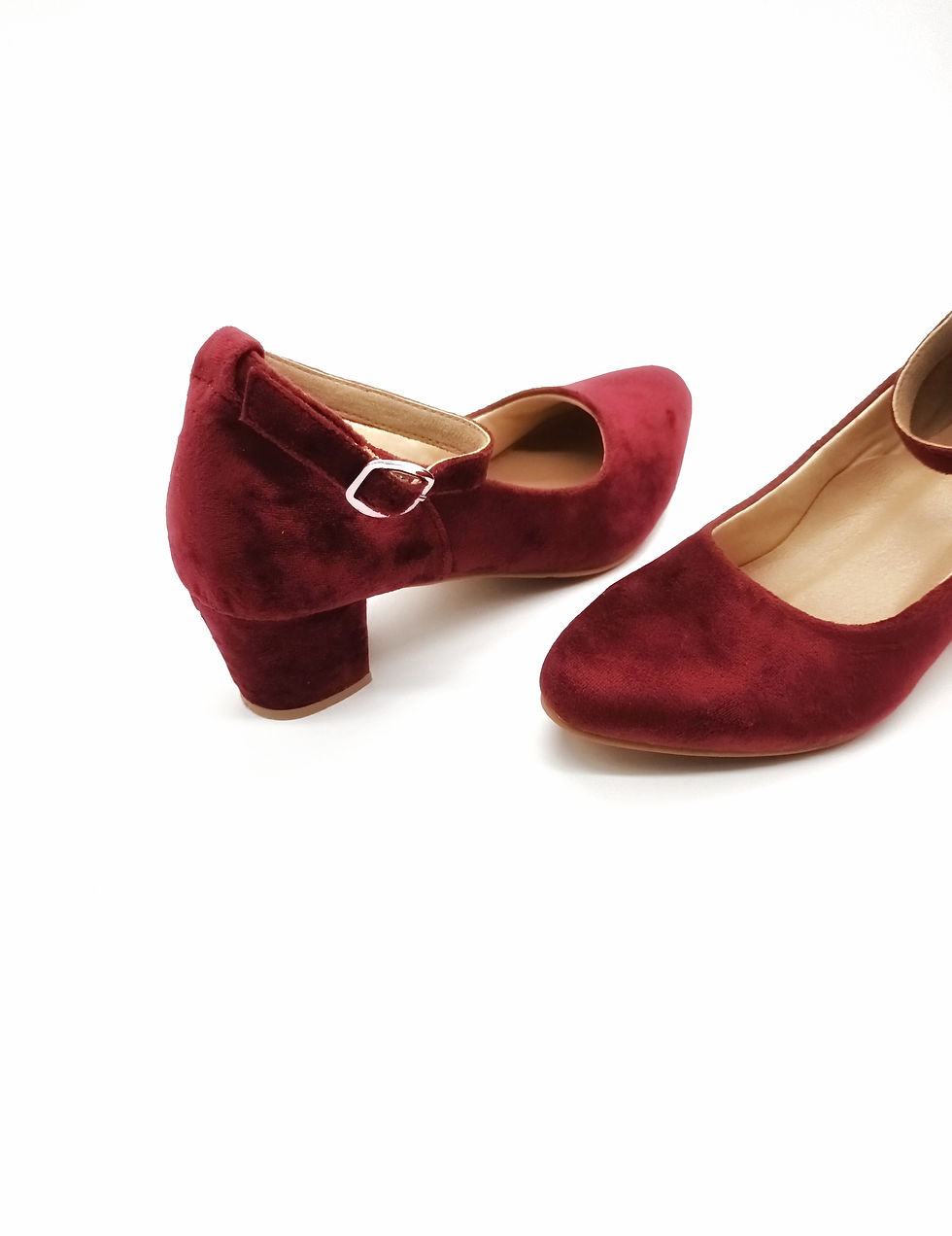 Thumbnail: Burgundy Velvet Block Heels with Ankle Strap