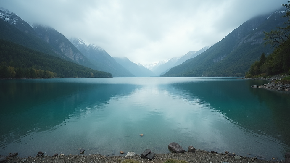 Eye-level view of a serene lake surrounded by mountains