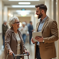 A senior woman with a walker speaking to a young business professional in a hallway
