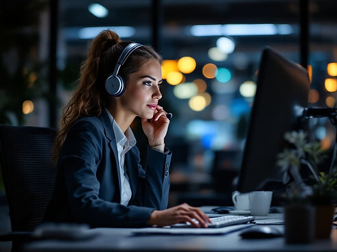 A female technology professional seated in front of a computer in a modern office at night