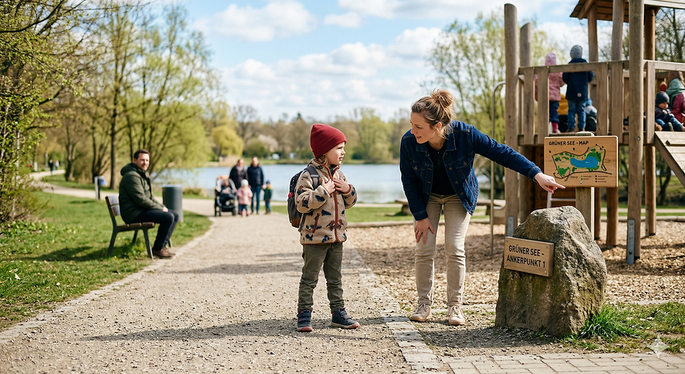 Eine Mutter und ihr Kind üben im Frühling am Grünen See in Ratingen das Stimmtraining im Freien. Das Kind steht in einer Schutzposition und nutzt die Zwerchfell-Stimme, während ein sichtbarer Ankerpunkt die Orientierung im Park veranschaulicht.