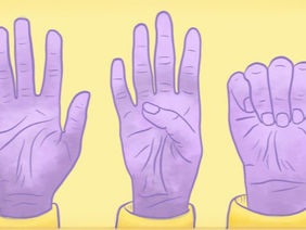 Drei-Schritte-Illustration des SOS-Handzeichens bei häuslicher Gewalt: offene Handfläche, Daumen einlegen, Finger schließen