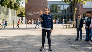 Ein aufrecht stehendes Kind zeigt auf einem Schulhof selbstbewusst eine Stopp-Geste zur verbalen Selbstbehauptung.
