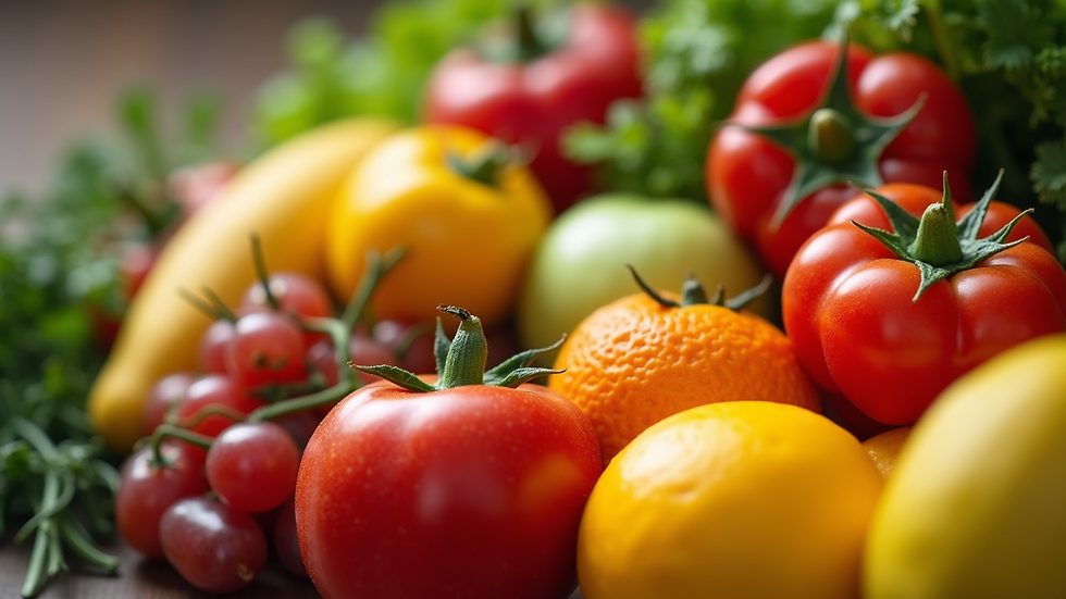 Close-up view of a colorful assortment of fresh fruits and vegetables