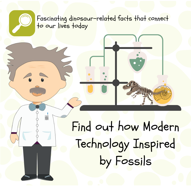 Cartoon Einstein in a science lab showing how fossils inspired modern technology in Exploring Dinosaurs with Einstein & Frien