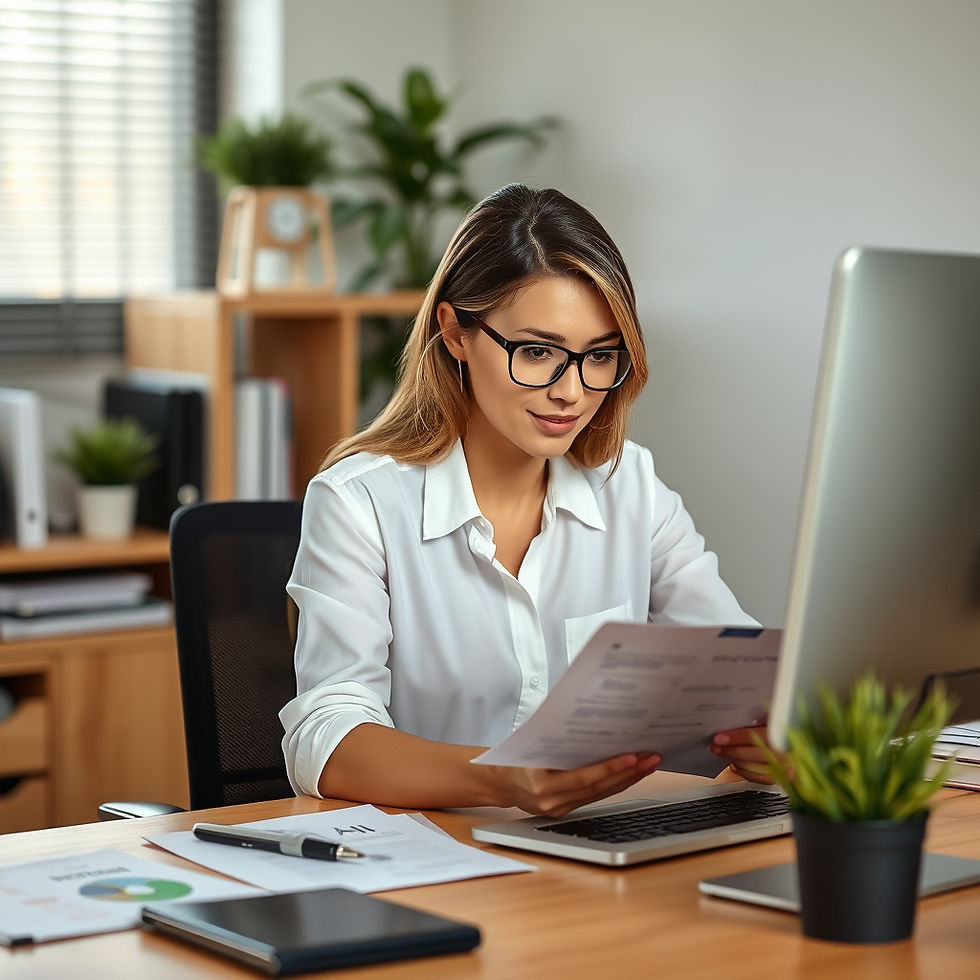 Businesswoman in glasses reads a document at her desk, surrounded by office supplies and potted plants, exuding focus and professionalism.