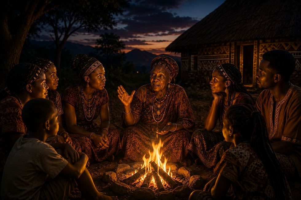 Elderly Kikuyu woman telling a story around a fire
