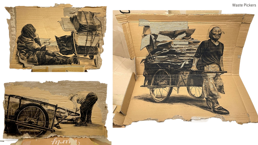 Charcoal figure drawings on torn cardboard by Daart Studio portfolio student