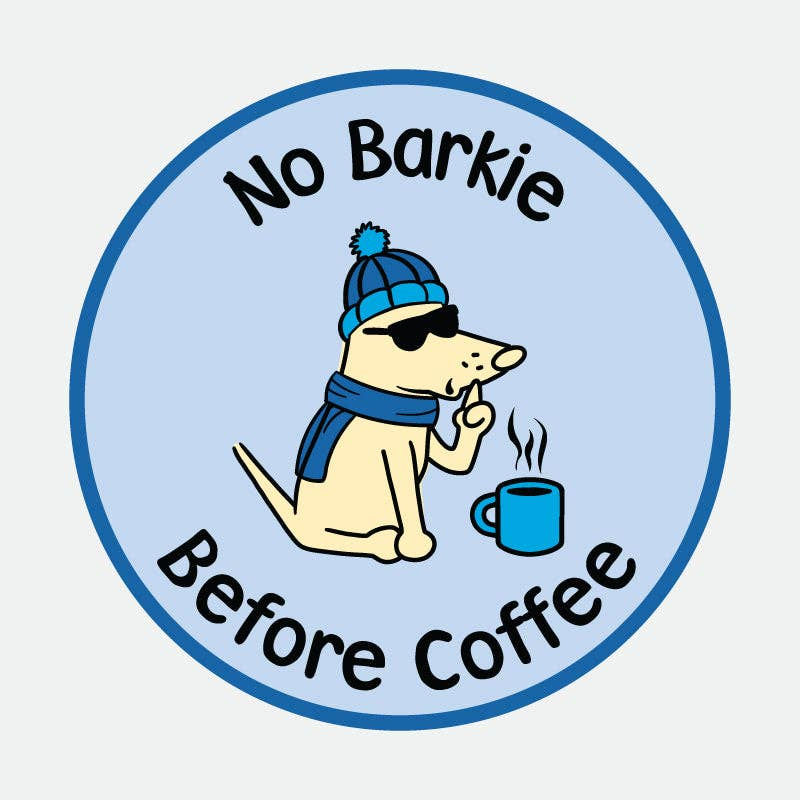 Close-up of No Barkie Before Coffee beanie patch