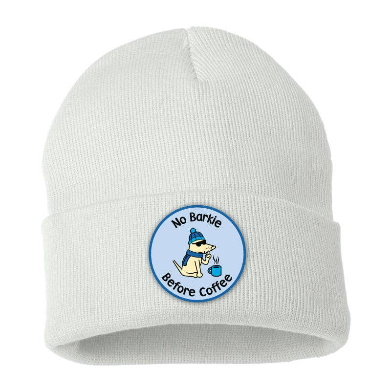 No Barkie Before Coffee beanie from unique pet accessories line