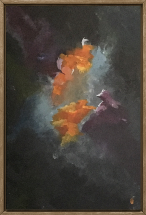 an abstract bold colored painting done in acrylic on wood paneling, shapes take hold