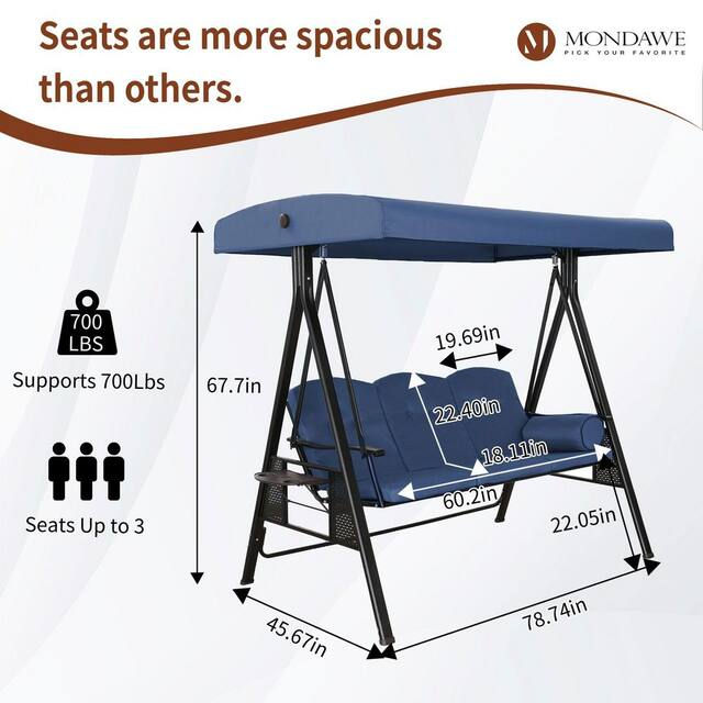 Thumbnail: Mondawe Steel Patio Swing. Navy Blue With Dimensions