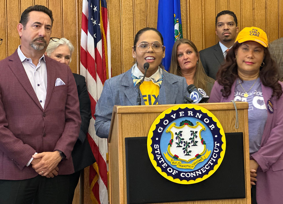 From left: CBIA President & CEO Chris DiPentima, State Senator Ceci Maher, Coalition Director Eva Bermúdez Zimmerman, Trinity College Community Child Center ED Kyla Siegmann, State Rep. Corey Paris, SEUICSEA 2001 President Maria Reyes at the legislative celebration in June, 2025.