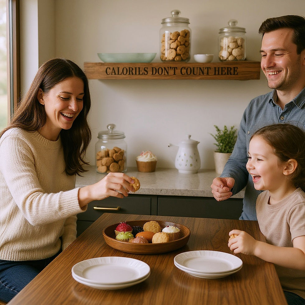 “Calories Don’t Count Here” oak shelf above a family enjoying cupcakes and cookies in a cozy kitchen.