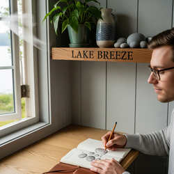 “Lake Breeze” wooden shelf in a cozy cottage-style room with a plant and ceramic decor, near a window.