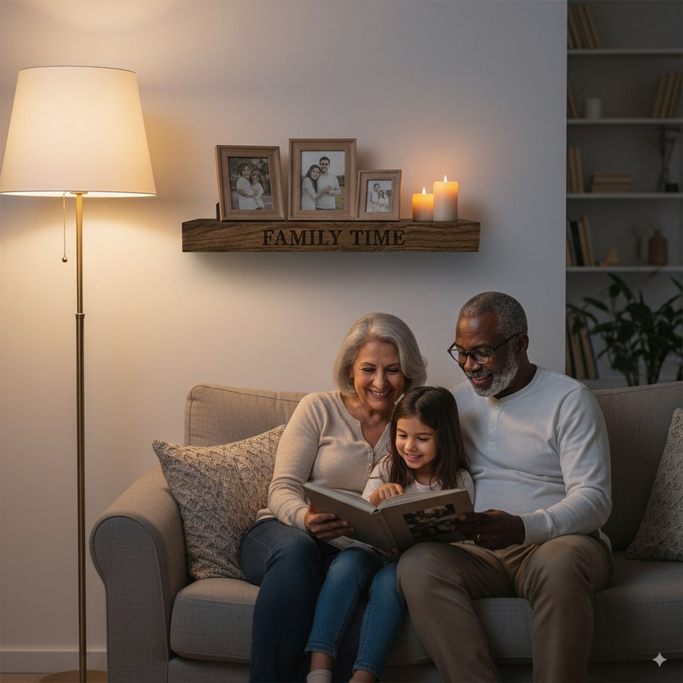 “Family Time” shelf above a family of three sitting on a couch, looking through a photo album under soft ambient light.
