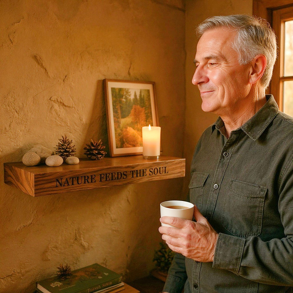 “Nature Feeds the Soul” engraved wood shelf styled with autumn leaves, pinecones, candle, and natural decor in a cozy room.