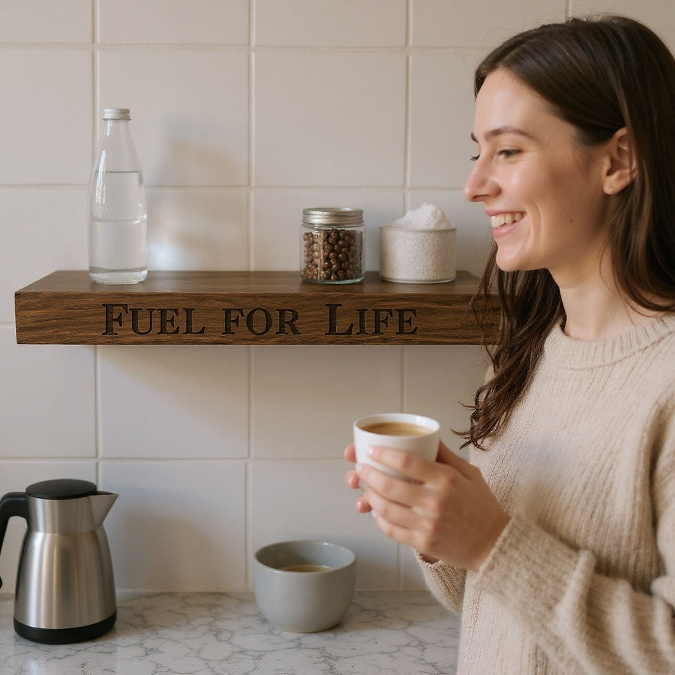 Floating wooden shelf engraved with “FUEL FOR LIFE”, styled with coffee, snacks, and energizing essentials in a bright modern