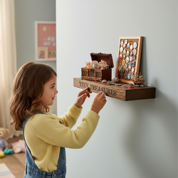 “Tiny Treasures” shelf in a girl’s bedroom, holding a collection of small souvenirs, treasure boxes, and pins.