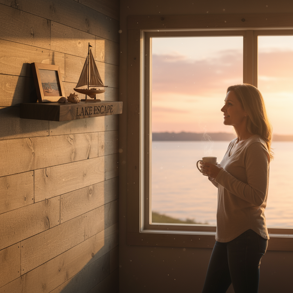 Woman enjoying coffee at sunset in a lakeside cottage, standing beside a wooden floating shelf engraved “LAKE ESCAPE”