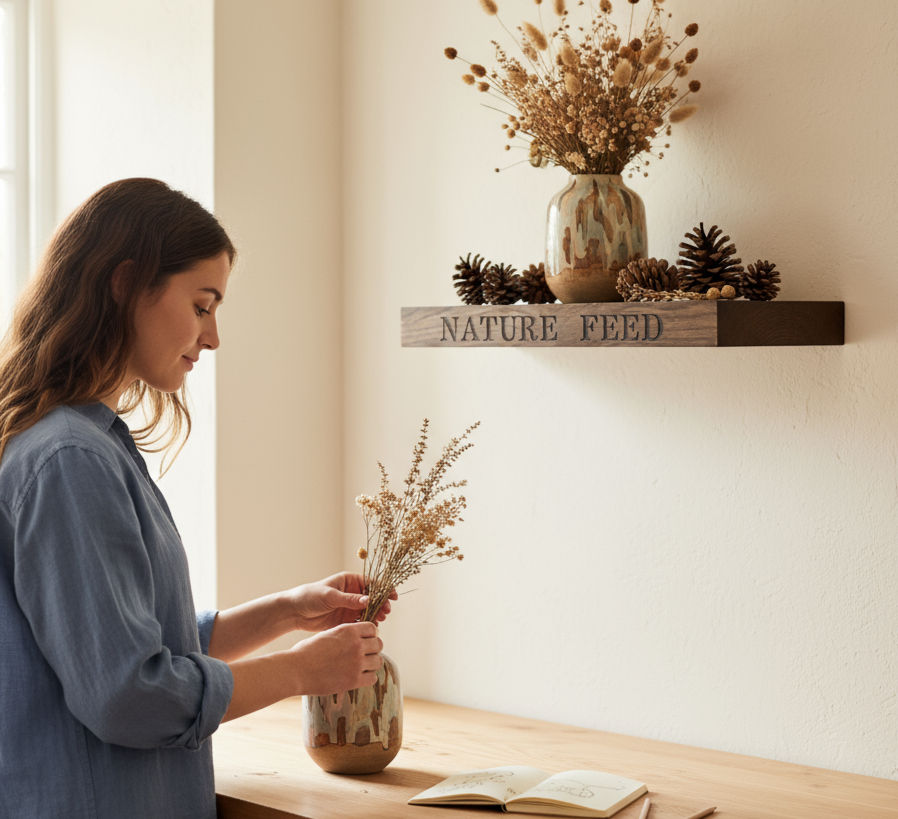 “Nature Feed” engraved wooden shelf decorated with dried flowers and pinecones in a calm, sunlit room.