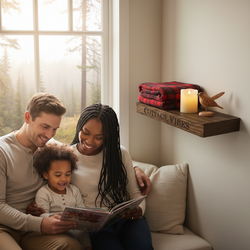 “Cottage Vibes” engraved wood shelf with plaid blanket, candle, and bird decor in a cozy cottage family setting.