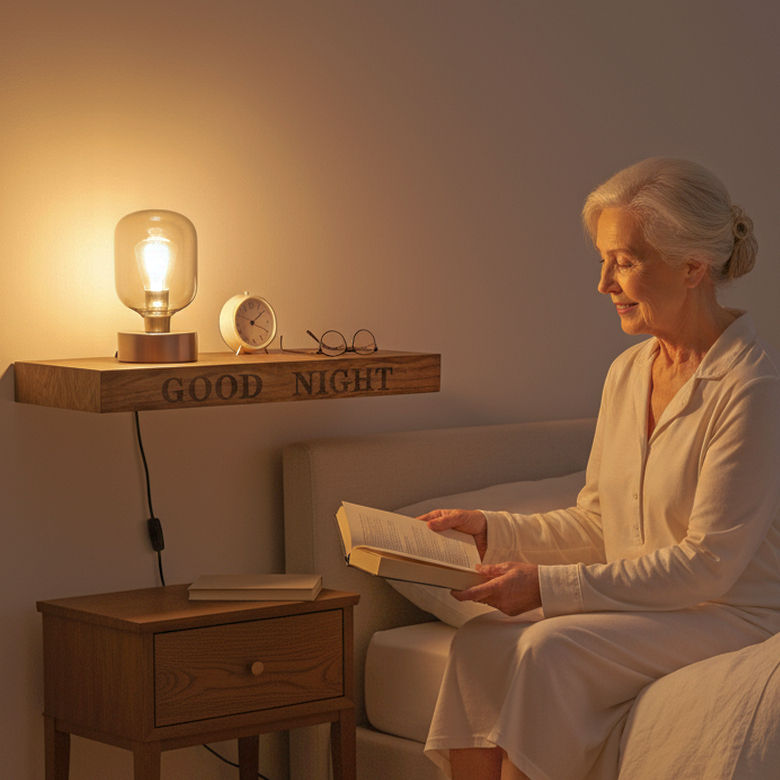“Good Night” engraved oak shelf above a bedside lamp, with an elderly woman reading a book before bed.