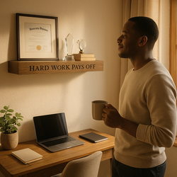 Man holding a coffee mug, looking at a diploma and trophies on a wooden shelf engraved with “HARD WORK PAYS OFF”