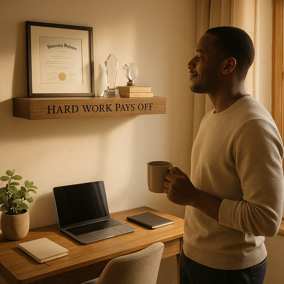 Man holding a coffee mug, looking at a diploma and trophies on a wooden shelf engraved with “HARD WORK PAYS OFF”
