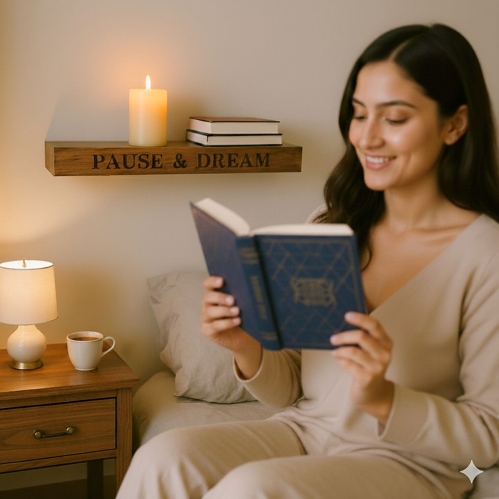 “Pause & Dream” oak floating shelf above a nightstand, with a woman reading a book in soft lighting.