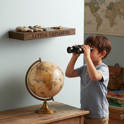 “Little Explorer” shelf above a boy looking through binoculars, beside a vintage-style globe and adventure-themed decor.