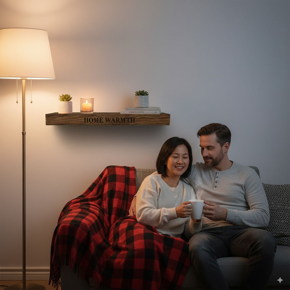 “Home Warmth” shelf above a couple sitting on a sofa, surrounded by soft lighting and cozy pillows.