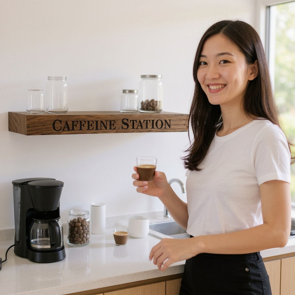 Smiling woman holding an espresso beside a walnut floating shelf engraved “CAFFEINE STATION”; coffee maker and jars on a brig