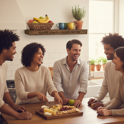 “Good Food = Good Mood” oak shelf above a joyful dinner scene with four women enjoying wine and food.