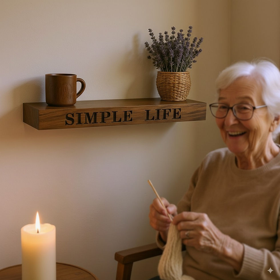“Simple Life” wooden shelf in a peaceful corner with a mug and lavender decor, elderly woman knitting nearby.