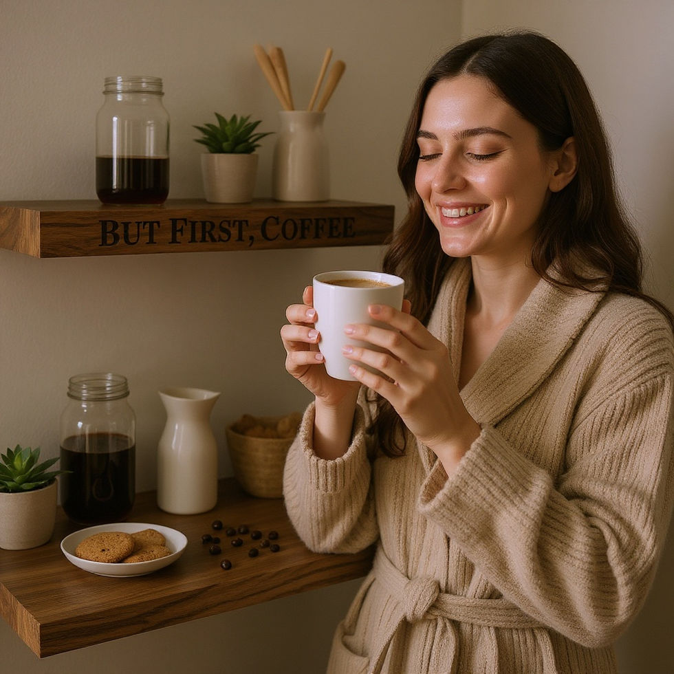 “But First, Coffee” wooden shelf on kitchen wall, styled with mugs, coffee jar, cookies, and a plant.