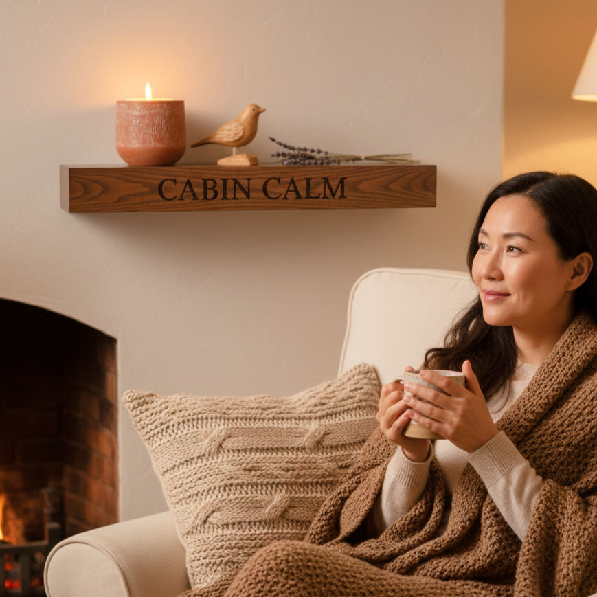 “Cabin Calm” floating wood shelf above a cozy chair with a woman wrapped in a blanket, sitting by the fireplace.