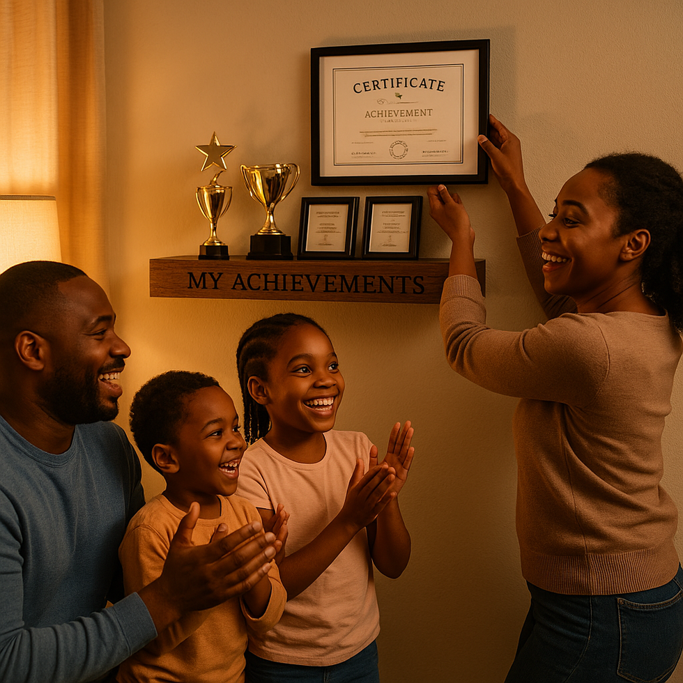 Smiling young girl holding two trophies in front of a wooden shelf engraved with “MY ACHIEVEMENTS”