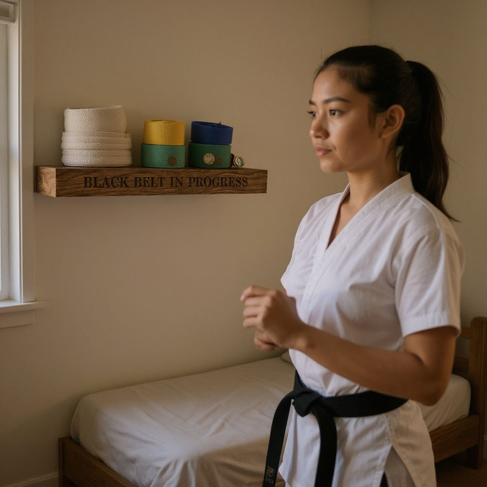Young woman in a black belt karate uniform stands near a shelf labeled “BLACK BELT IN PROGRESS”