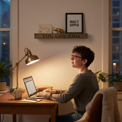 “YOU GOT THIS” oak shelf with a framed quote and decorative elephant, above a woman working at a desk with soft evening light