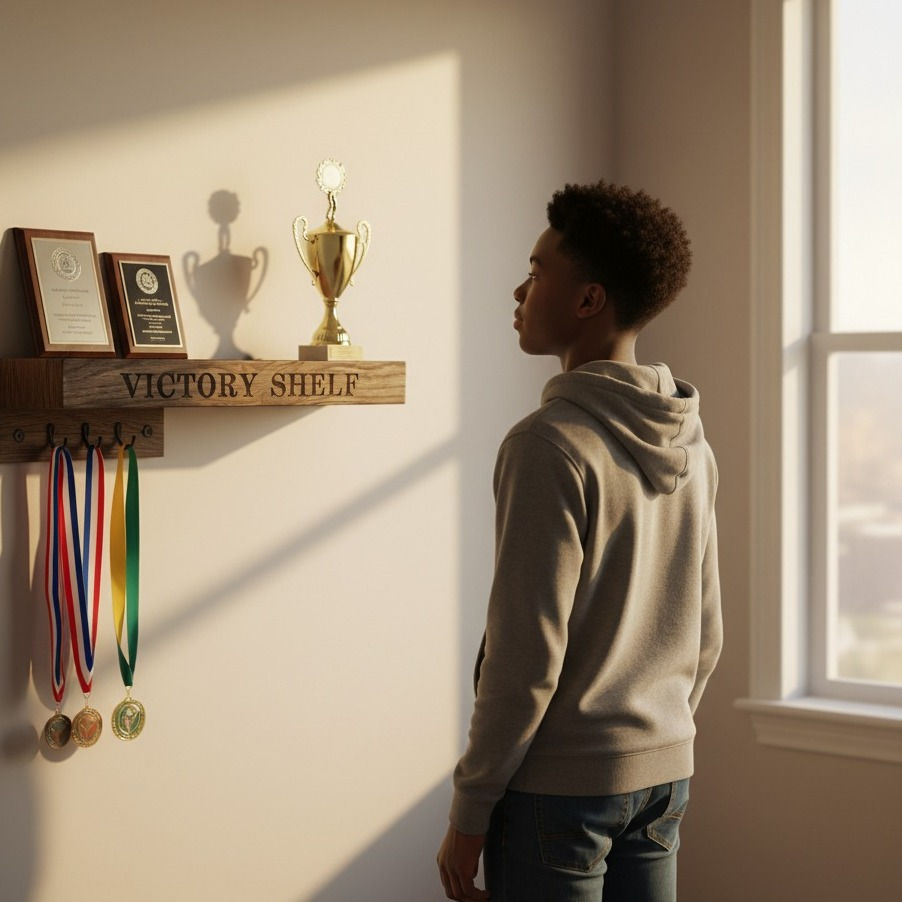 Teen boy looking at a floating wooden shelf engraved with “VICTORY SHELF,” displaying a trophy, plaques, and hanging medals.