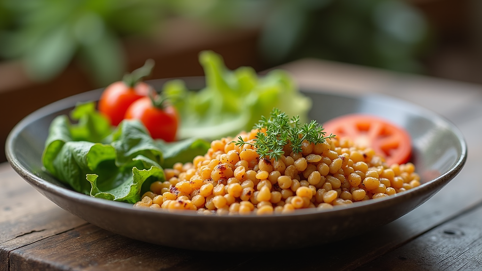 eye-level view of a balanced meal with vegetables and grains