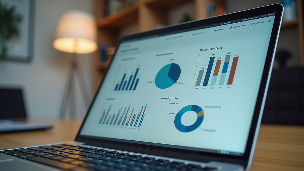 Eye-level view of a business meeting with marketing charts on a laptop