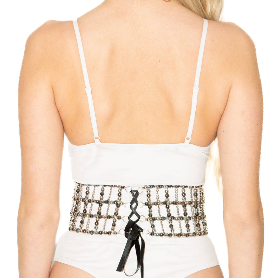Geometric gunmetal and silver beaded corset , Stainless steel chain with cross-row beaded details for customizable styling.