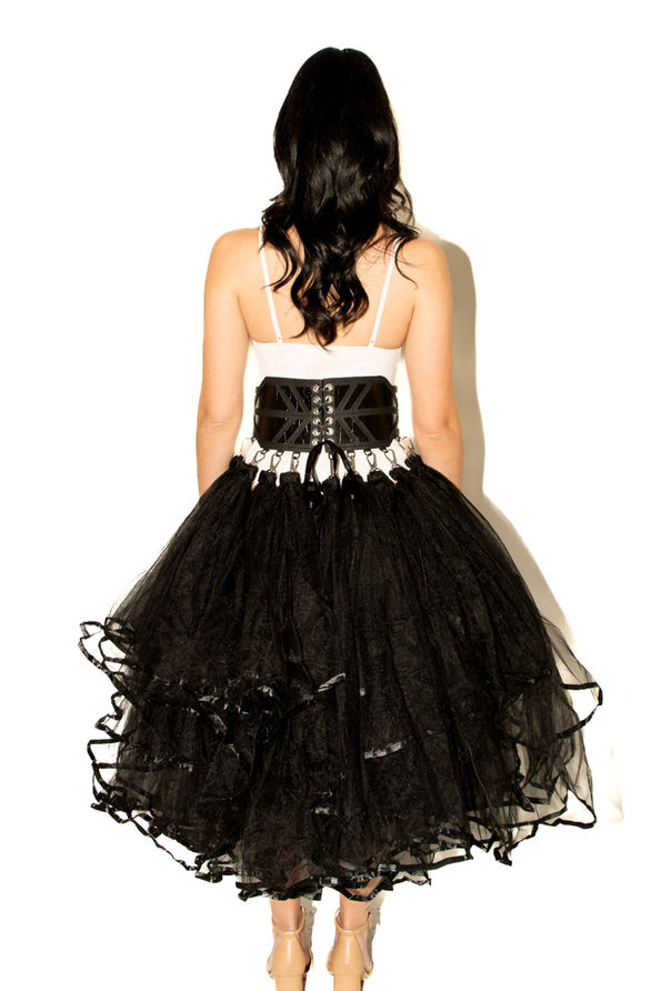 A black leather corset with cut-out boning details and 23 D-rings for fabric attachments.