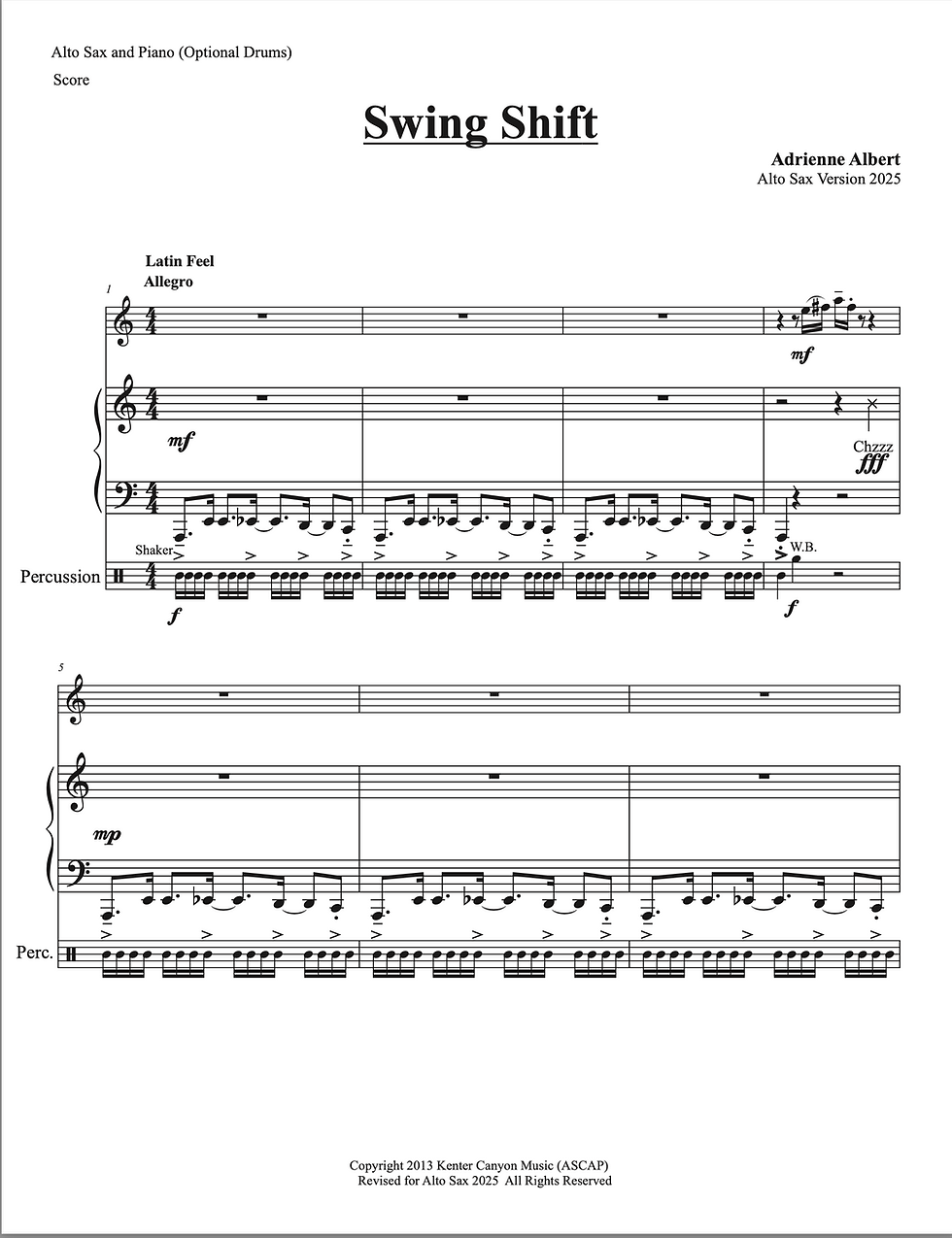 Swing Shift (2025) for alto sax, piano, and drum set