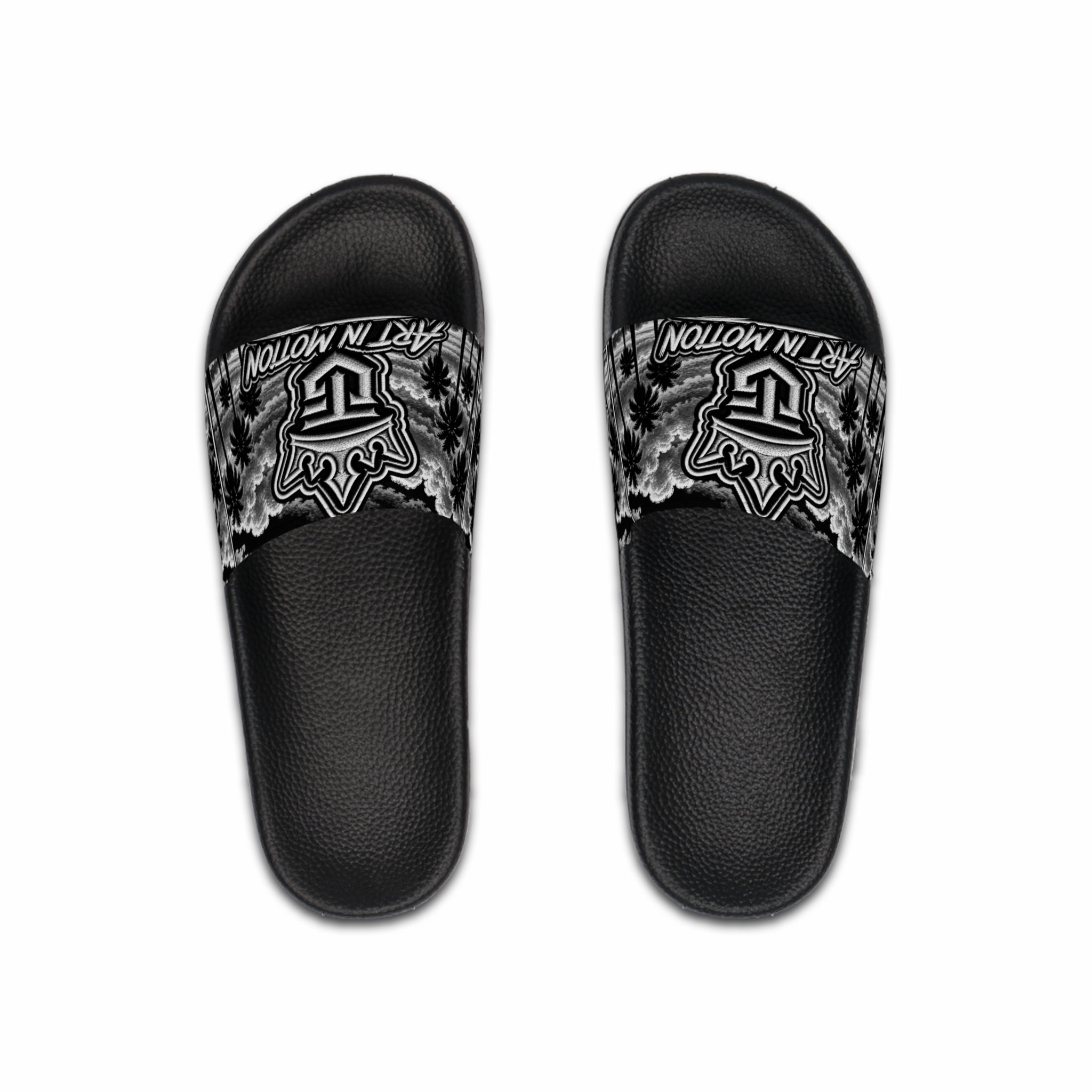 Men's Black Palm Slide Sandals — 'Art in Motion' Graphic