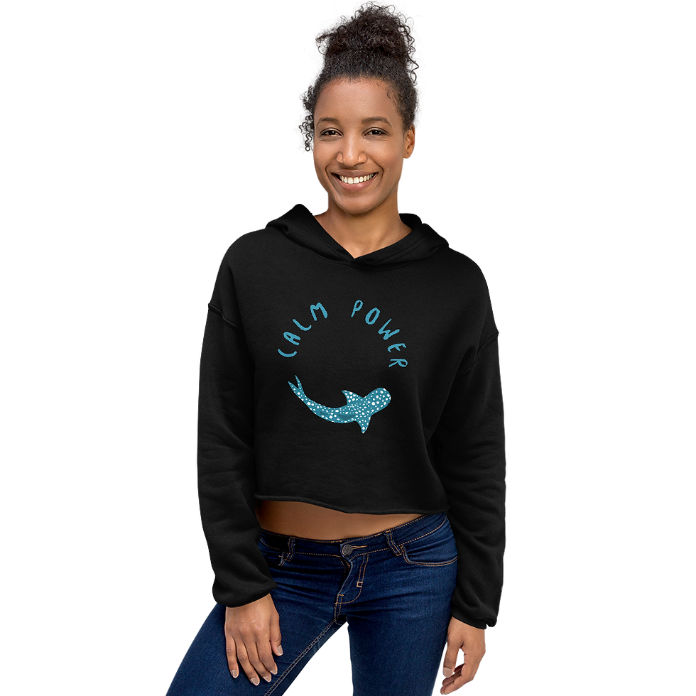 Whale Shark 'Calm Power' black hoodie with zipper front view on model